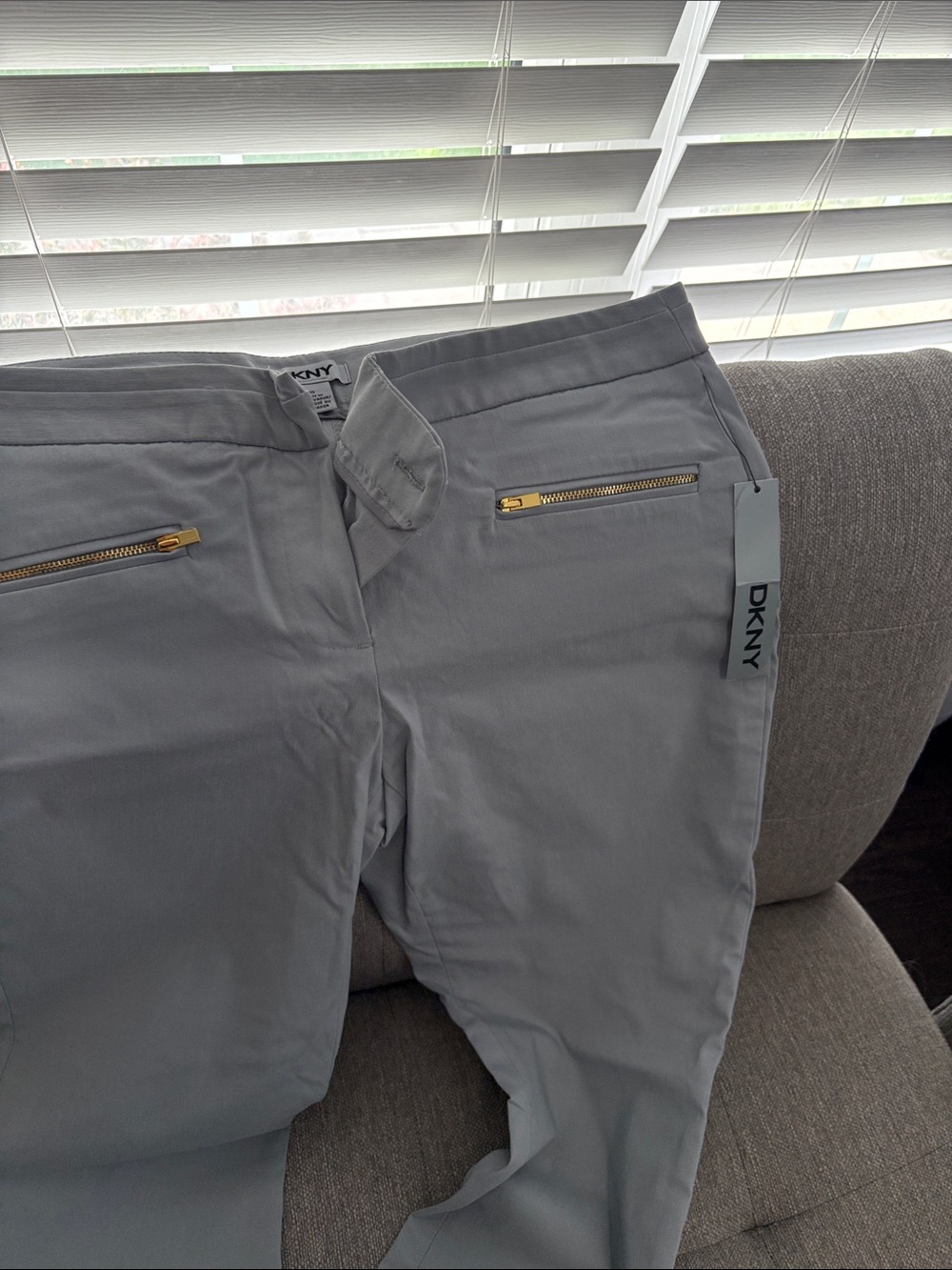 DKNY Light Gray Pants with Gold Zipper Accents